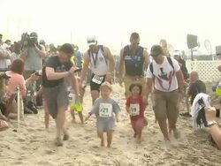 ATMOSPHERE - Kids at Tot Trot Nautica Malibu Triathlon Presented by Equinox on 9/8/13 in Malibu, CA. Stock Footage