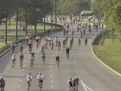 WS Bike traffic on Lake Shore Drive in Chicago on summer morning during community cycling event / Chicago, Illinois, USA Stock Footage