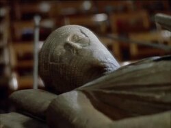 Salisbury Cathedral, tomb of it's founder William Longespee, 3rd Earl of Salisbury and illegitamate son of Henry II.  First recorded English coat of arms on his shield., England, UK Stock Footage