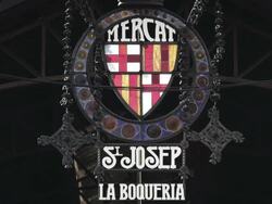 CU R/F Shot of La boqueria market sign / Barcelona, Catalunya, Spain Stock Footage