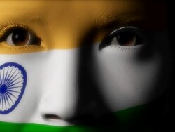Beautiful girl INDIA flag face painted Stock Footage