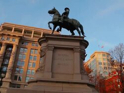 A panning down and then up shot of the General Winfield Scott Hancock statue. Stock Footage