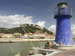 MS Shot of old man is fishing with net at Lighthouse / Castiglione della Pescaia, Tuscany, Italy Stock Footage