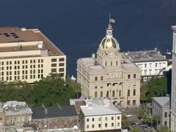 MS AERIAL Shot of clock on dome at Savannah / Georgia, United States Stock Footage
