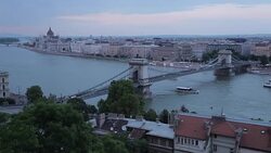 Chain Bridge Szechenyi Lamchid, & River Danube from Castle Hill District, Budapest, Hungary, Europe Stock Footage