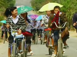 MS SLO MO Shot of group of girls riding on bicycles with umbrellas open / Road from Luang Prabang to Nong Khio, Luang Prabang, Laos Stock Footage