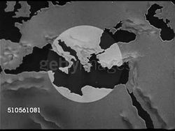 1948: WORLD MAP: Illustrated map of world, ZI Toward Mediterranean. Circle highlighting portion Italy, Greece, Turkey, Syria, Israel, Egypt & Libya, Circle highlight moving over Western Europe, over U.S., Arrows west labeled 'Japan', 'China' ,'India' Instructional Video