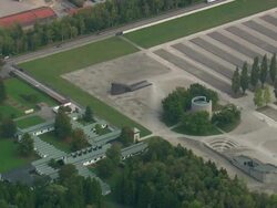 WS AERIAL View of Dachau concentration camp and houses with road way / Germany Stock Footage