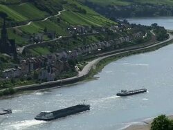 WS View of Cargo Ship traveling on river / Bacharach, Rhineland-Palatinate, Germany Stock Footage