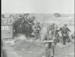 1945: BORNEO CAMPAIGN: * VS Australian I Corps landing on beaches of Borneo, firing machine gun from defensive position, artillery regiment firing cannons, soldier w/ flamethrower, tanks moving on road. Japanese occupation, World War II, WWII, Allied Instructional Video