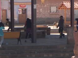 CU of children playing under metal canopy in public square on sunny day,  Tiwanaku Tiahuanaco/Tiahuanacu, Bolivia Stock Footage