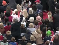 2008 HA MS Audience cheering as Vice-presidential candidate Governor Sarah Palin speaks at Republican National Convention on September 3, 2008 / Minneapolis, Minnesota, USA / AUDIO Stock Footage