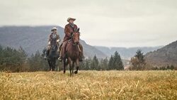 DS Two cowboys riding across mountain meadow Stock Footage