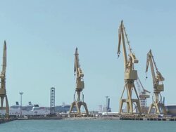 WS PAN View of Cranes at dock / Cadiz, Andalusia, Spain  Stock Footage