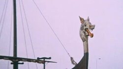 1969 MONTAGE Replica Viking longboat, Hugin, sitting above Pegwell Bay after sailing from Denmark to Thanet in 1949 / Ramsgate, Kent, England Stock Footage