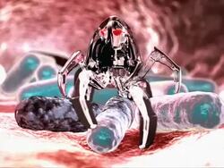 Medical nanorobot landing on and killing E. coli bacteria in the gut Stock Footage