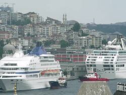 WS Yachts standing in harbor near city / Istanbul, Turkey Stock Footage