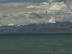 Block Shot Mansarovar Lake with dense grey clouds Lhasa Tibet China Stock Footage