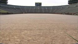 A bare football field stretches from the end zone to the opposite goal post at the University of Michigan's stadium. Stock Footage