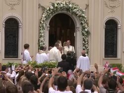 Prince Albert II and Princess Charlene of Monaco at the Monaco Royal Wedding: Saint Devote's Church Appearance at Monaco . (Footage by WireImage Video/Getty Images Entertainment Video) Stock Footage
