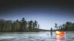 Winter camping under the night sky Stock Footage
