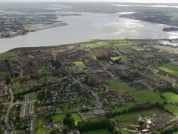 Aerial wide shot Cork and Cork Harbour / Ireland Stock Footage