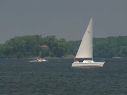 MS TS Yacht boat passing through lake / Minneapolis, Minnesota, United States  Stock Footage
