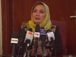MS ZI Shukria Barakzai giving statement into microphones of media AUDIO / Kabul, Kabul Province, Afghanistan Stock Footage