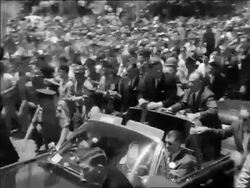 B/W 1961 PAN John Kennedy riding in convertible with others thru crowd in Mexico Stock Footage