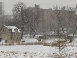 WS View of house and foot bridge in city during winter / Minneapolis, Minnesota, USA Stock Footage