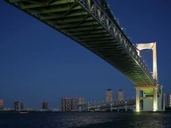 WS View of Tokyo Rainbow Bridge and Tokyo Bay with cityscape / Minato, Tokyo, Japan Stock Footage