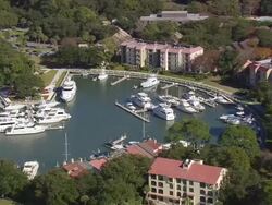 MS AERIAL Shot of boat at dock in Harbor Town / South Carolina, United States Stock Footage