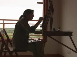 Woman painting backligting Stock Footage