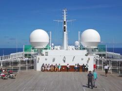 MS Shot of People resting with standing on board at cruise ship Queen Mary 2 / North Sea, Jutland, Denmark Stock Footage