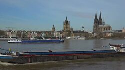 Rhine River, Old Town with Cathedral, Gross St. Martin's Church and Rhine River, Cologne, North Rhine-Westphalia, Germany Stock Footage
