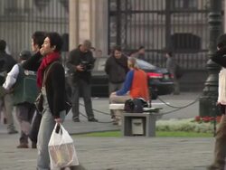 "Tourists walking and milling around in groups on Plaza Mayor/ Plaza de la Armas of Lima, with the Government Palace of Peru/House of Pizarro [Casa de Pizarro] in b/g, Lima, Peru" Stock Footage