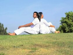 MS Couple sitting back to back in Japanese Park / Delhi, India   Stock Footage