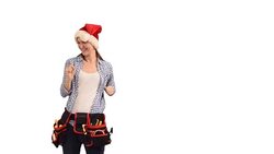 slender young woman construction worker in a cap of Santa Claus on a white background Stock Footage