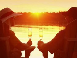 Seniors toast in their retirement by a lake. Stock Footage