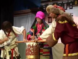 MS Three people acting out scene on stage with props and costumes AUDIO / Dharamsala, Himachal Pradesh, India Stock Footage