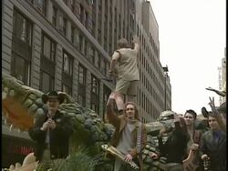 MS PAN LA Croc Hunter Steve Irwin on Thanksgiving Day parade, New York City, New York, USA Stock Footage