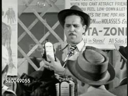 1946: MIRACLE TONIC: DRAMATIZATION: Man standing before crowd hawking 'Vita-Zone' tonic. VS Crowd watching. MS Man in glasses buying bottle. Same man in glasses before bathroom mirror, taking spoonful of tonic, sticking tongue out. 'Snake Oil' Instructional Video