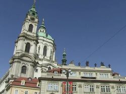 MS View of clock on st.nickolas church  / Prague, Hlavni mesto Praha, Czech Republic Stock Footage