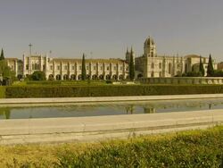 MS Garden with pond and Mosteiro dos Jernimos" in Belem District / Lisbon, Portugal Stock Footage