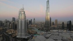 United Arab Emirates, Dubai, the Burj Khalifa, elevated view looking over the Dubai Mall Stock Footage