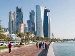 Qatar, Middle East, Arabian Peninsula, Doha, new skyline of the West Bay central financial district of Doha Stock Footage
