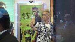Frankie Grande poses with a photo of actor Zac Efron in the 'Good Morning America' show Social Media Room in New York City Stock Footage