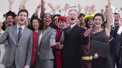 Diverse crowd with different careers raising arms cheering Stock Footage