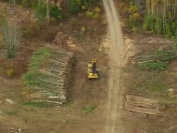 WS ARIEAL View of Bulldozer and logs / Maine, United States Stock Footage