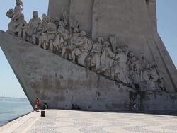 Lisbon, Monument of the Discoveries (Padrao dos Descobrimentos), view of the monument along the Tagus river, Belem Stock Footage